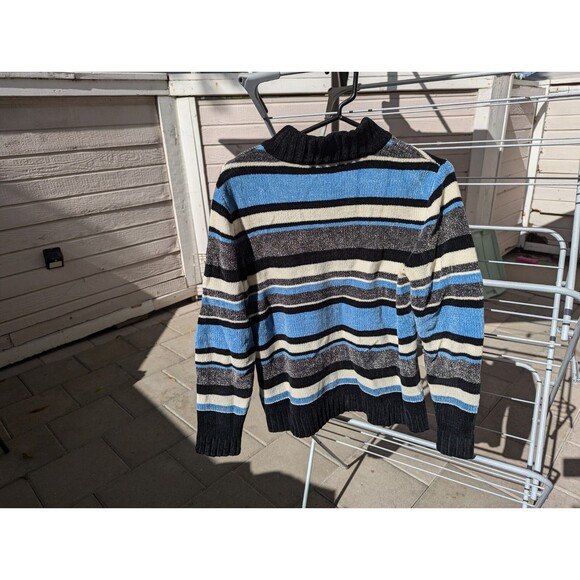 Carolyn Taylor Size Small Baby Blue White And Black Striped Knit Zip Up Sweater - Picture 10 of 12